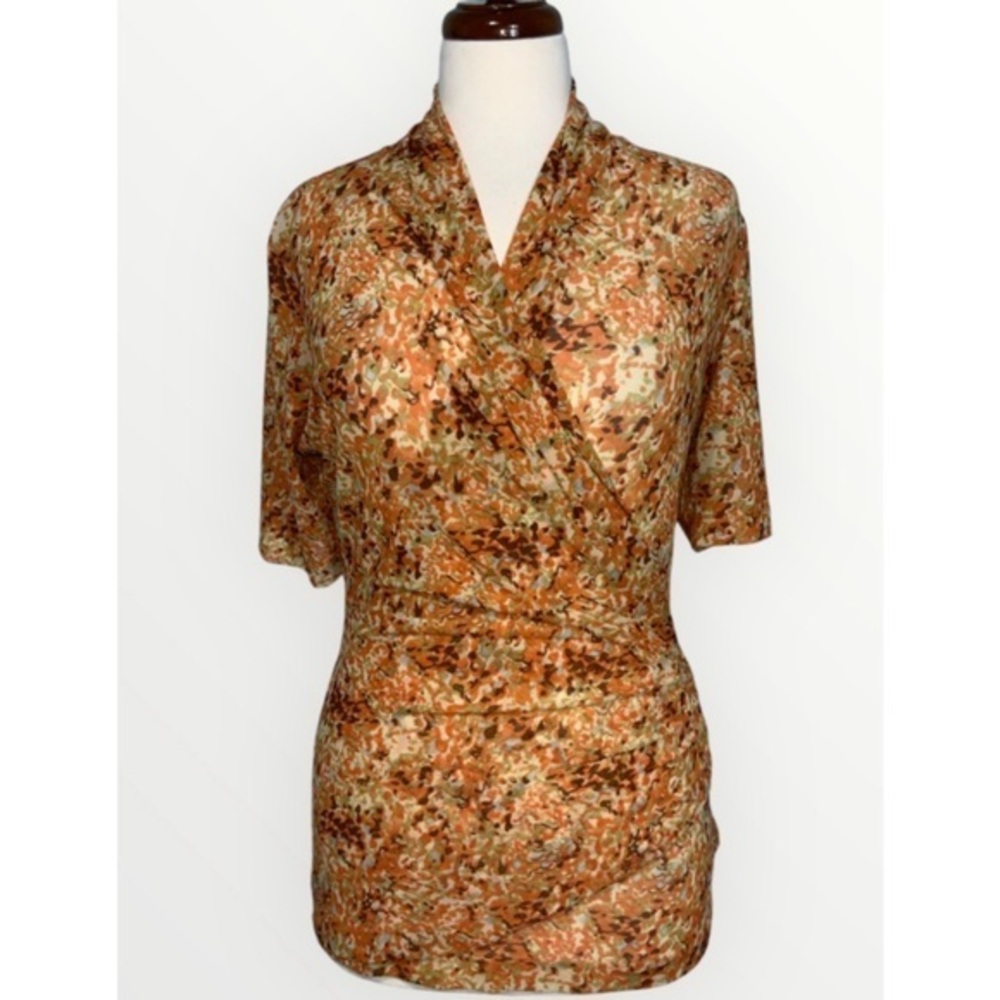 Reba Orange Print Faux Wrap Scrunched Side Stretch Knit Short Sleeve Blouse Med
